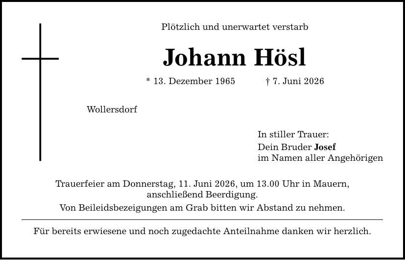 Traueranzeige Johann Hösl