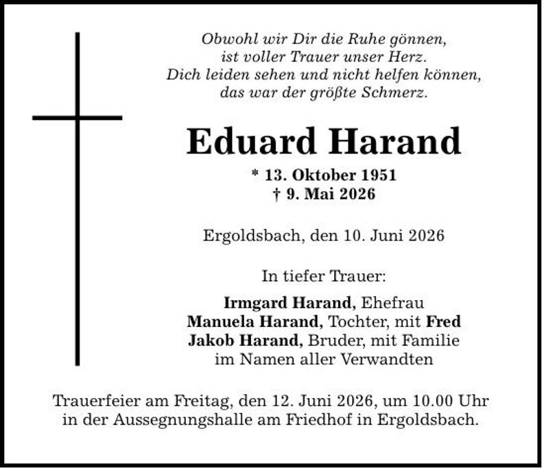 Traueranzeige Eduard Harand