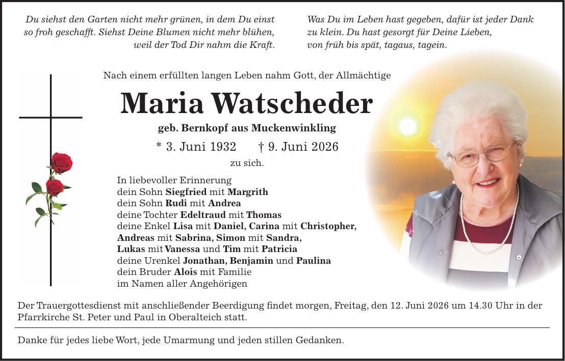 Traueranzeige Maria Watscheder