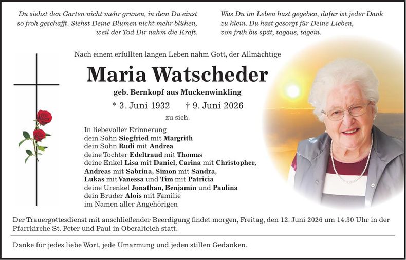 Traueranzeige Maria  Watscheder