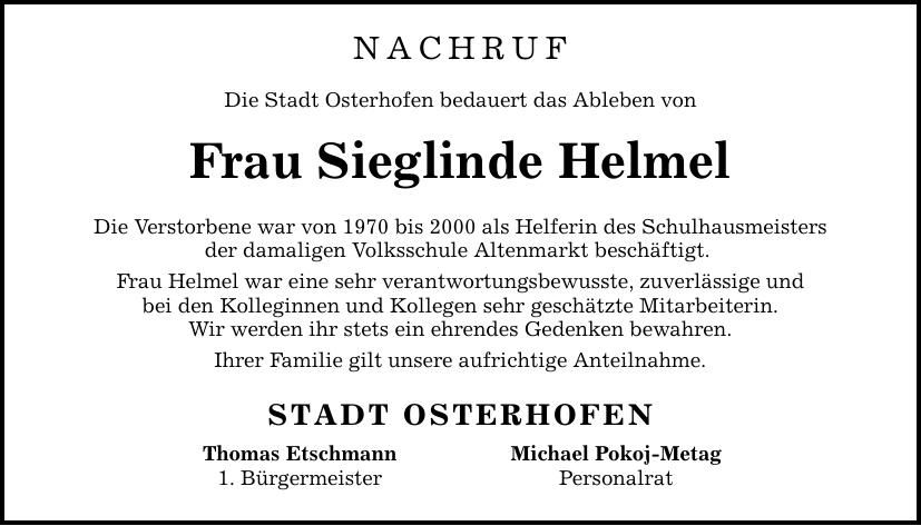 Traueranzeige Sieglinde Helmel