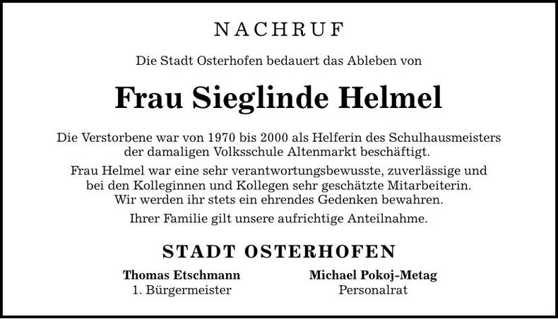 Traueranzeige Sieglinde Helmel