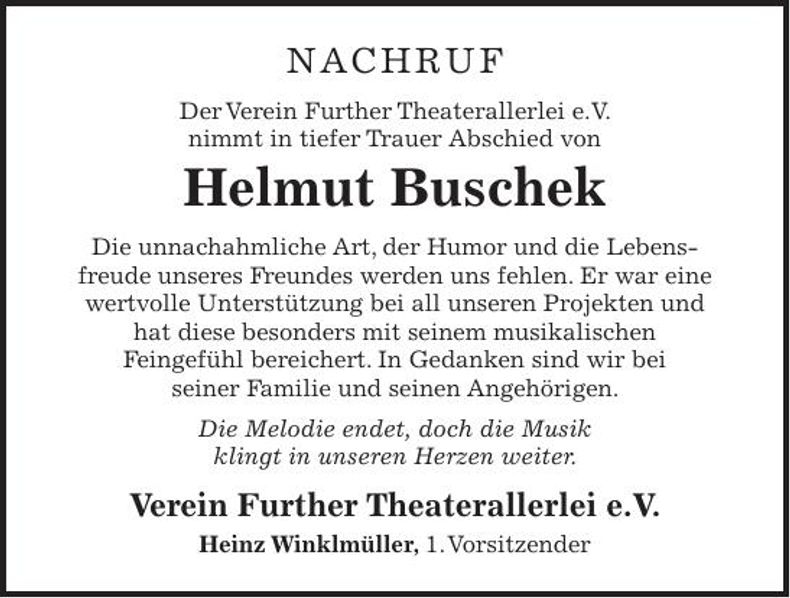 Traueranzeige Helmut Buschek