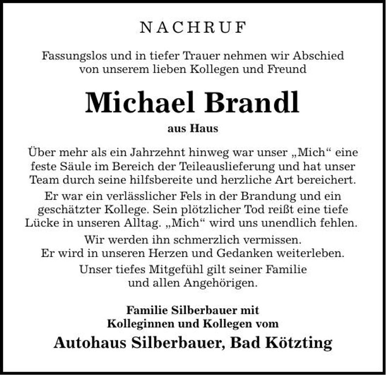 Traueranzeige Michael Brandl