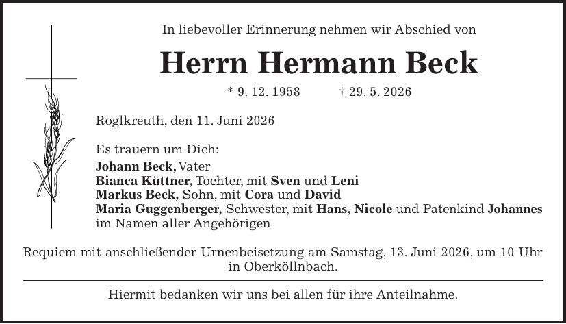 Traueranzeige Hermann Beck