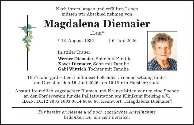 Traueranzeige Magdalena Diemaier