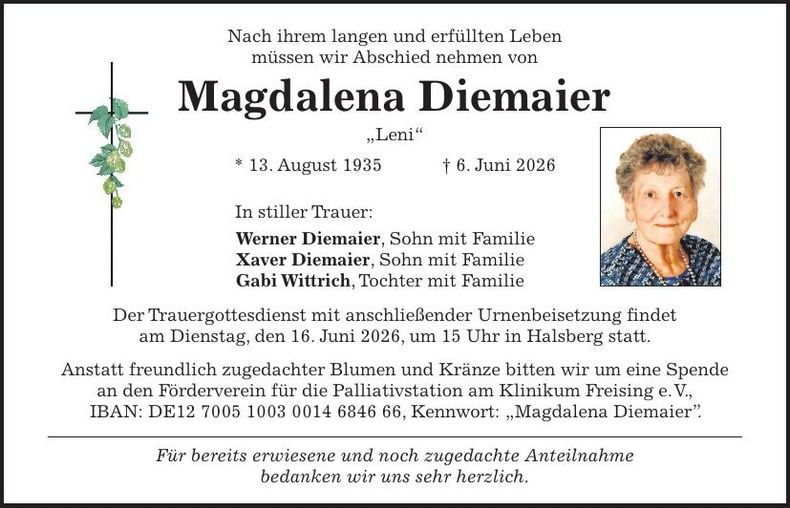 Traueranzeige Magdalena Diemaier