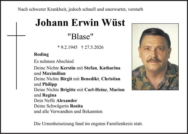 Traueranzeige Johann Wüst
