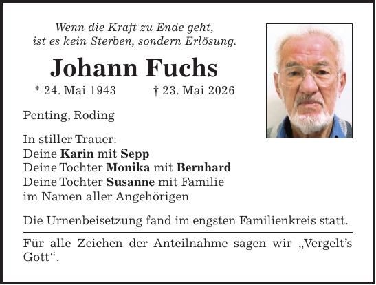 Traueranzeige Johann Fuchs