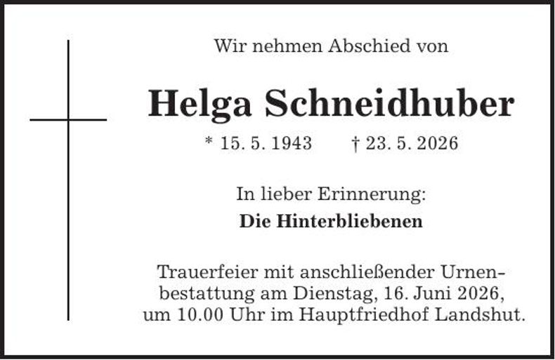 Traueranzeige Helga Schneidhuber