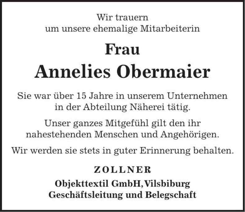 Traueranzeige Annelies Obermaier