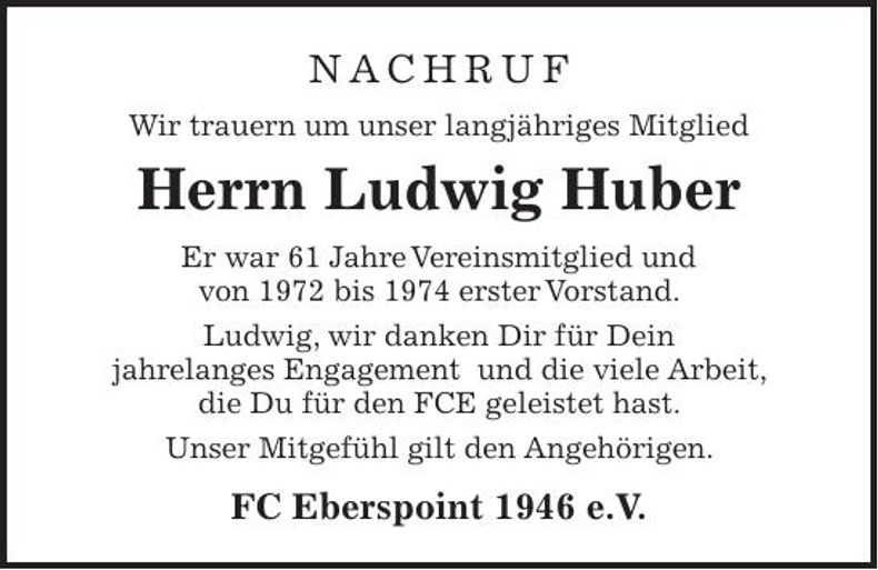 Traueranzeige Ludwig Huber 