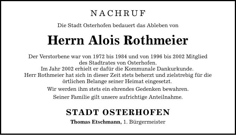 Traueranzeige Alois Rothmeier