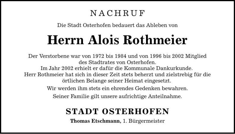 Traueranzeige Alois Rothmeier