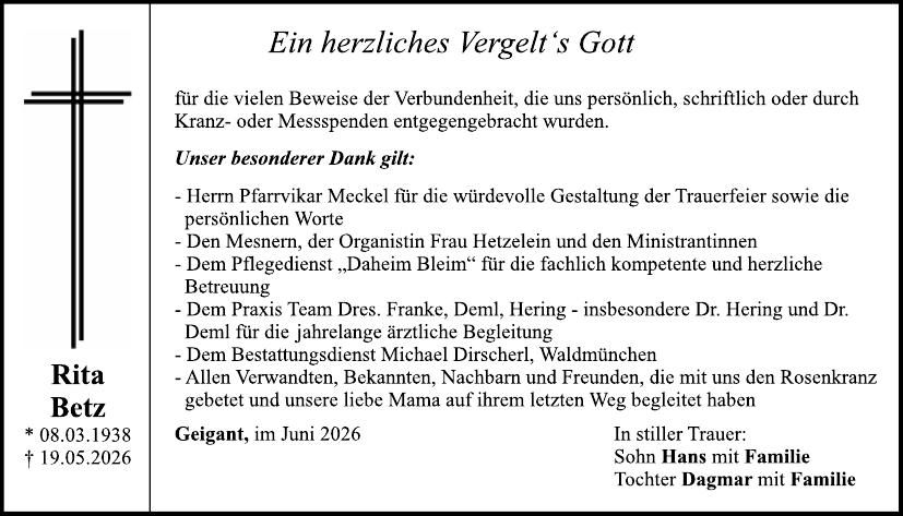 Traueranzeige Rita Betz
