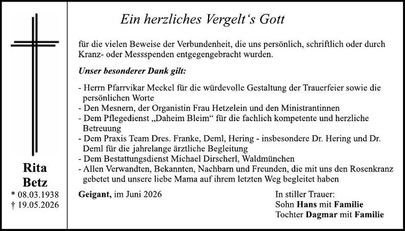 Traueranzeige Rita Betz
