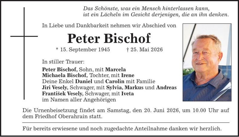 Traueranzeige Peter Bischof