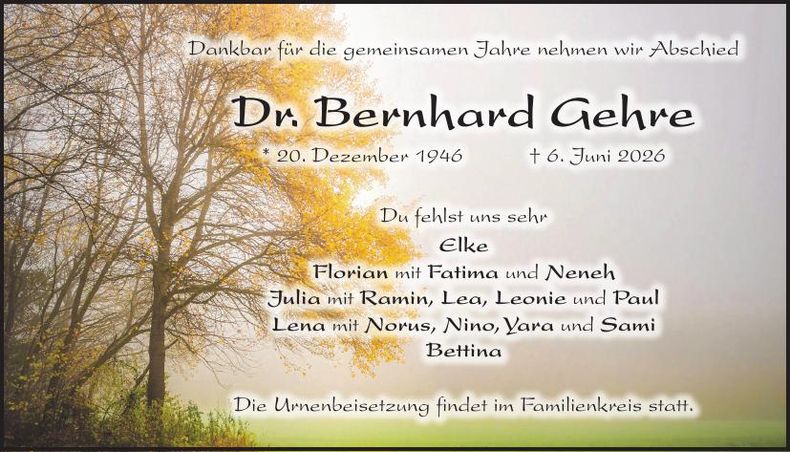 Traueranzeige Bernhard Gehre