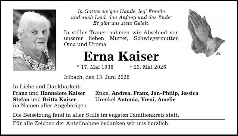 Traueranzeige Erna Kaiser