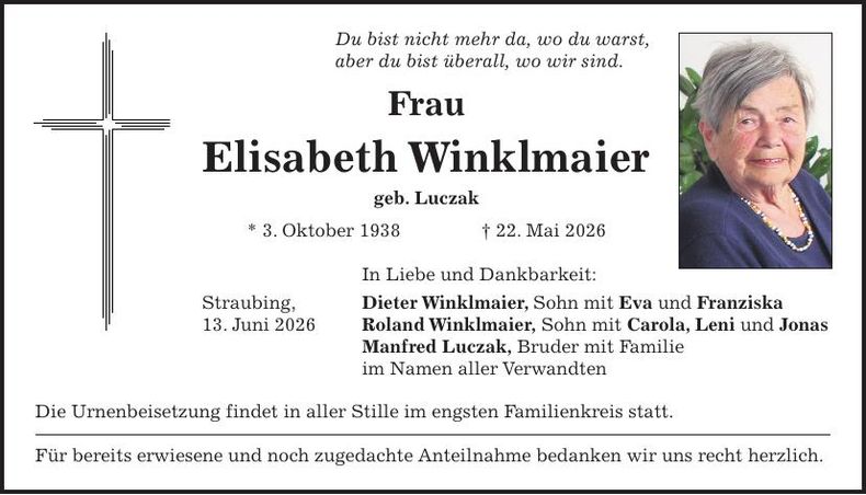 Traueranzeige Elisabeth Winklmaier