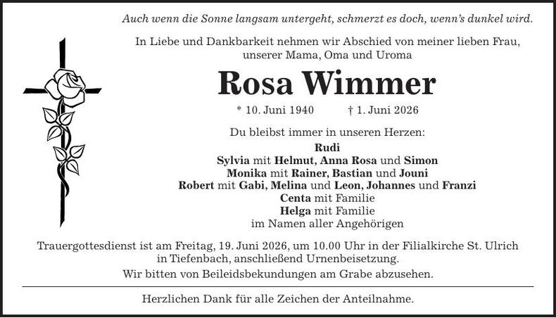 Traueranzeige Rosa Wimmer