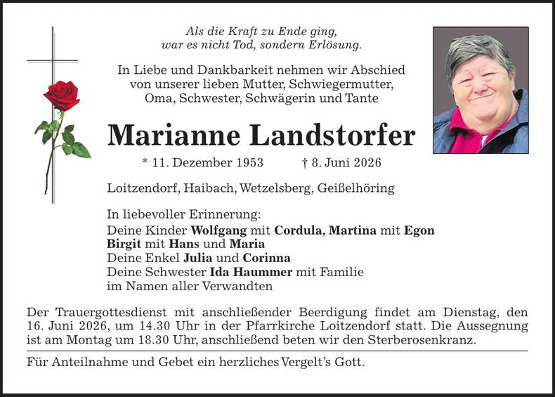 Traueranzeige Marianne Landstorfer