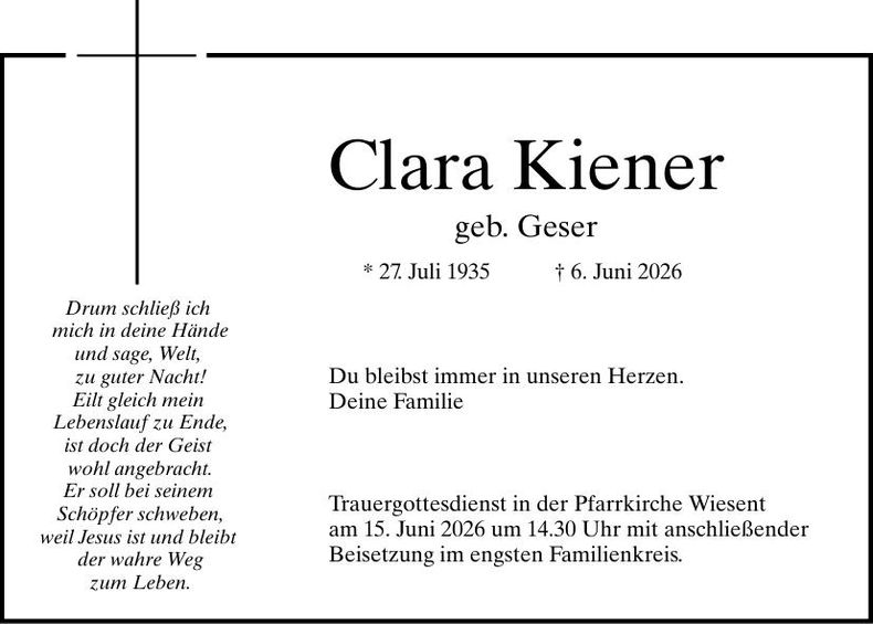 Traueranzeige Clara Kiener