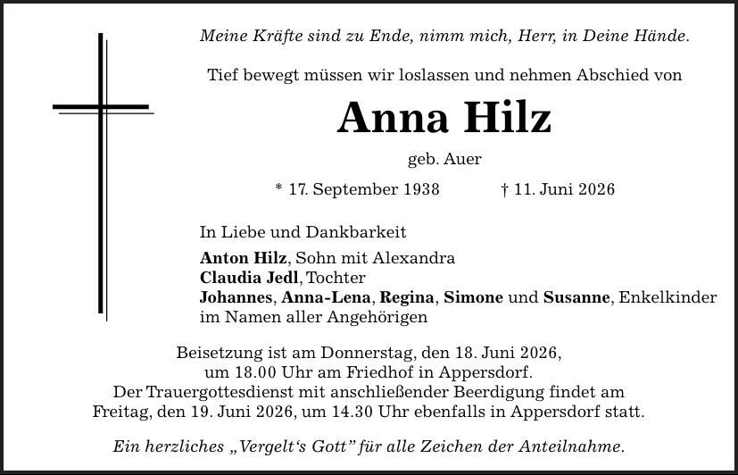 Traueranzeige Anna Hilz
