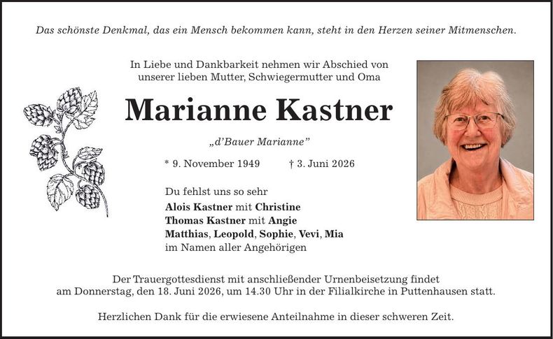 Traueranzeige Marianne Kastner