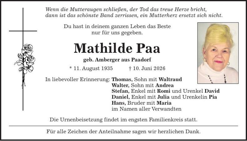 Traueranzeige Mathilde Paa