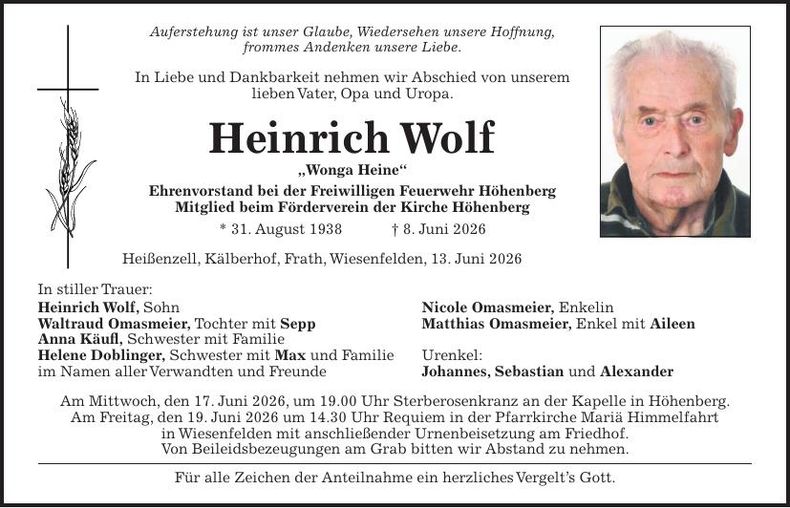Traueranzeige Heinrich Wolf