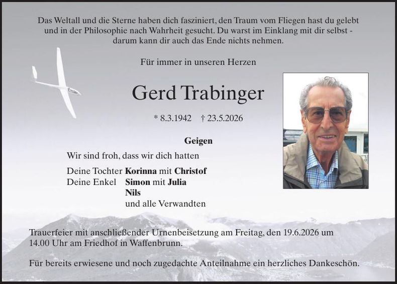 Traueranzeige Gerd Trabinger