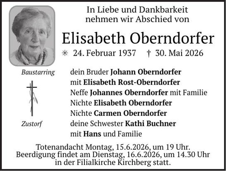 Traueranzeige Elisabeth Oberndorfer