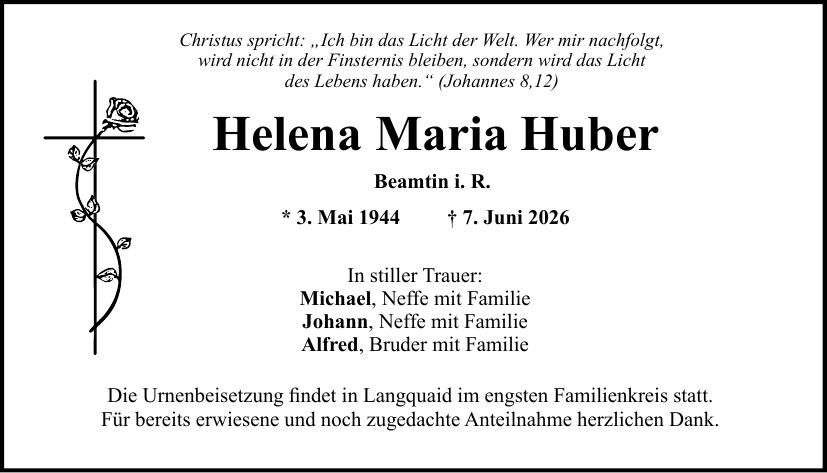 Traueranzeige Helena Maria Huber