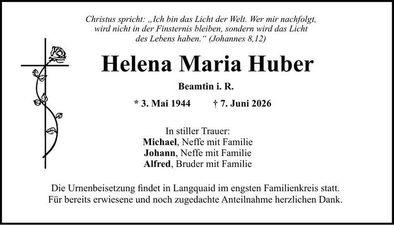 Traueranzeige Helena Maria Huber