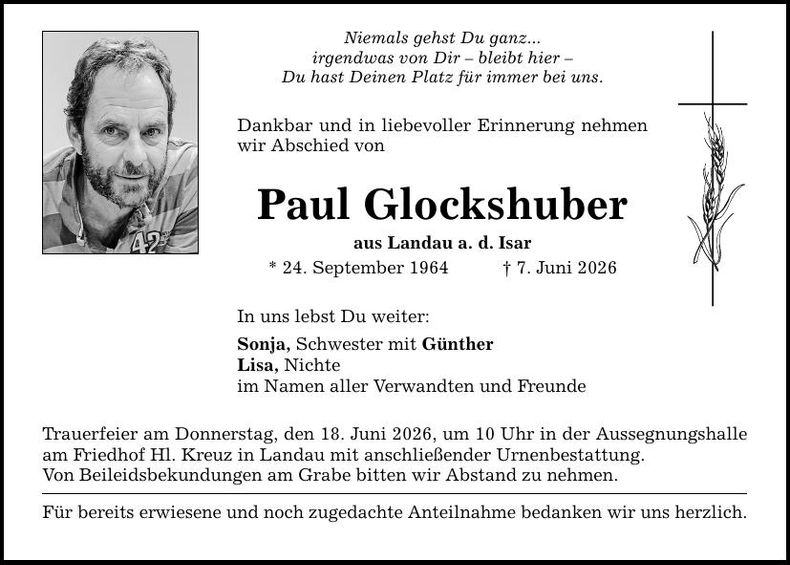 Traueranzeige Paul Glockshuber