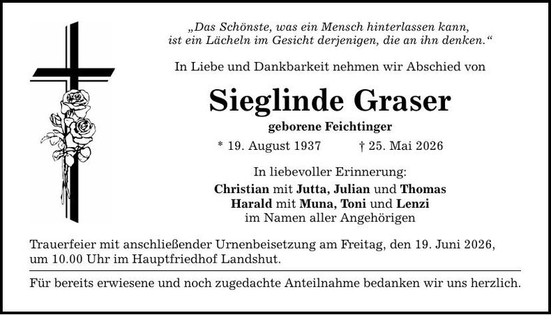 Traueranzeige Sieglinde Graser