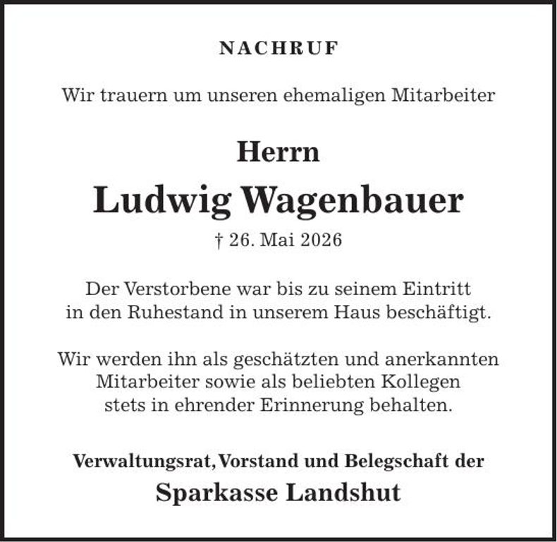 Traueranzeige Ludwig Wagenbauer
