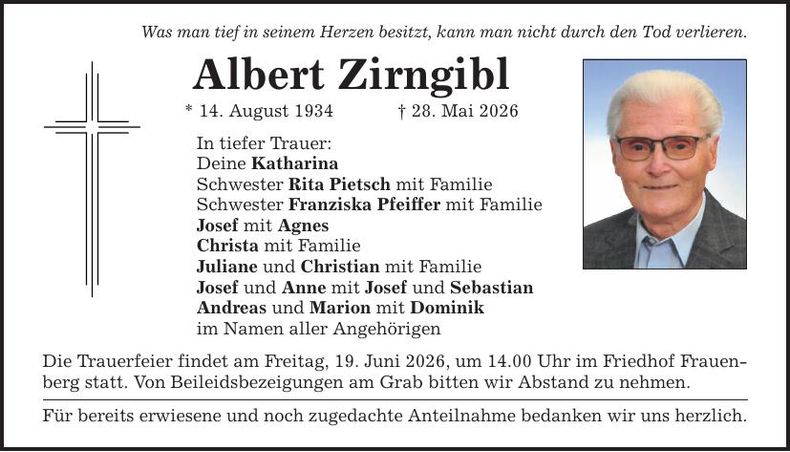 Traueranzeige Albert Zirngibl