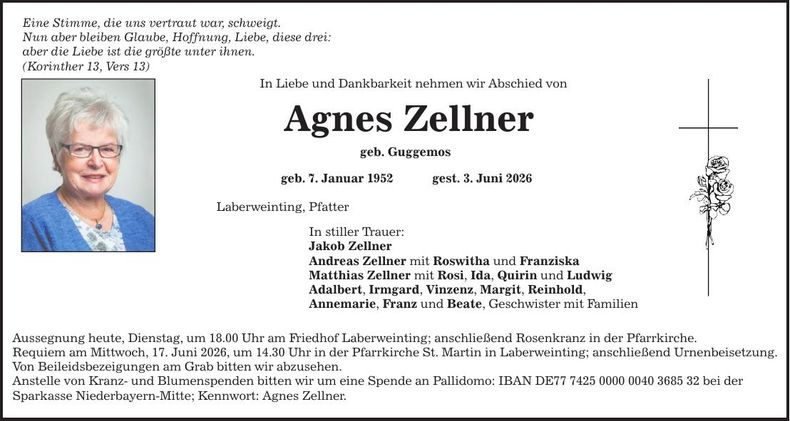 Traueranzeige Agnes Zellner