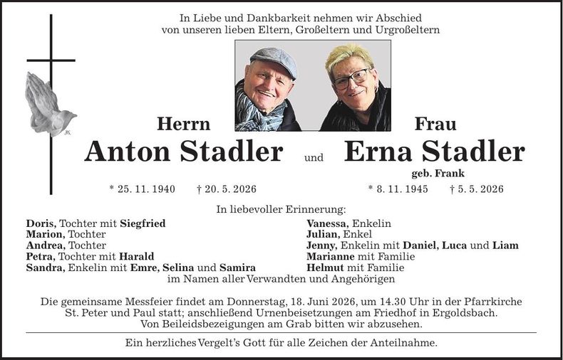 Traueranzeige Erna und Anton Stadler