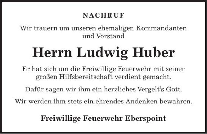Traueranzeige Ludwig Huber