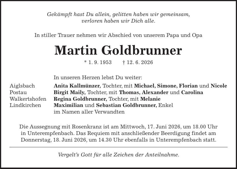 Traueranzeige Martin Goldbrunner