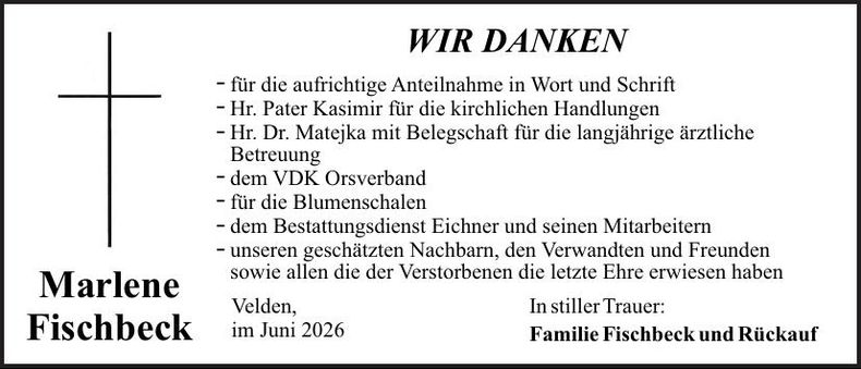 Traueranzeige Marlene Fischbeck