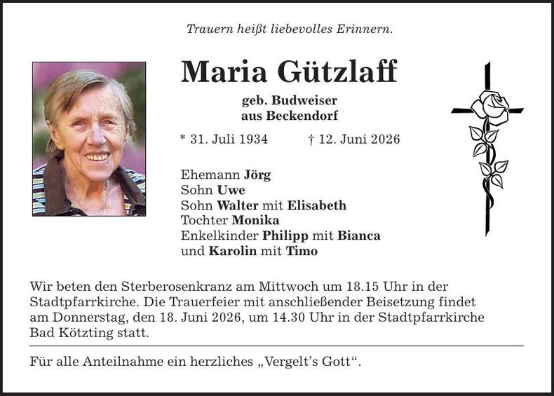 Traueranzeige Maria Gützlaff