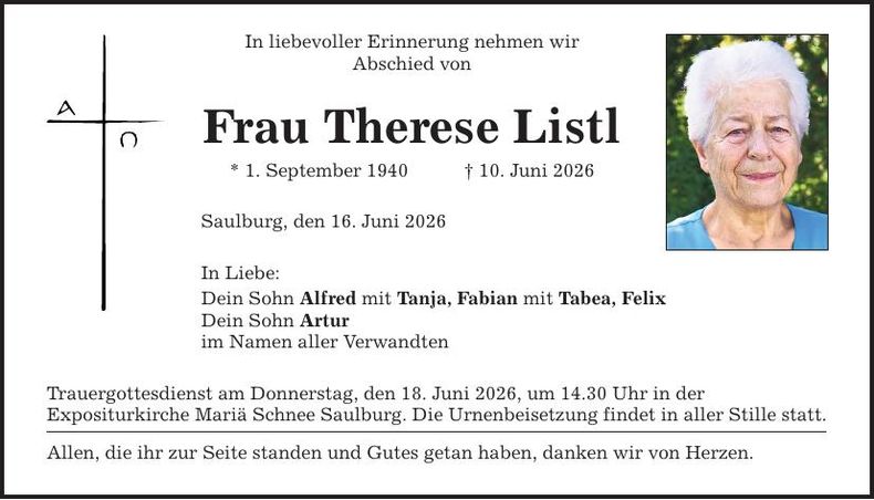 Traueranzeige Therese  Listl
