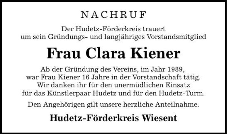 Traueranzeige Clara Kiener