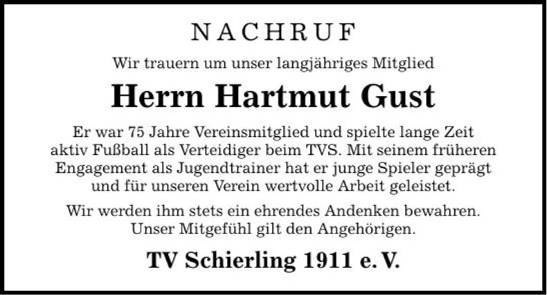 Traueranzeige Gust Hartmut