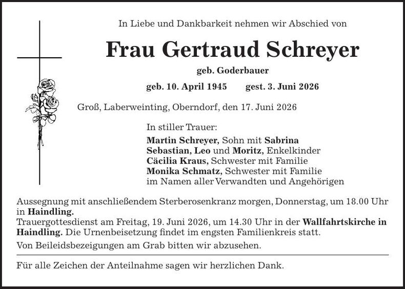 Traueranzeige Gertraud Schreyer