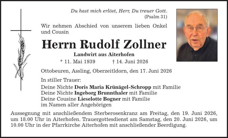 Traueranzeige Rudolf Zollner